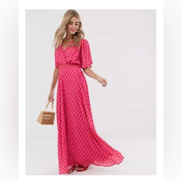 ASOS Twisted Wunder Under Ruched Waist Maxi Dress Pink Red Valentine US 2 NWOT - Picture 1 of 5